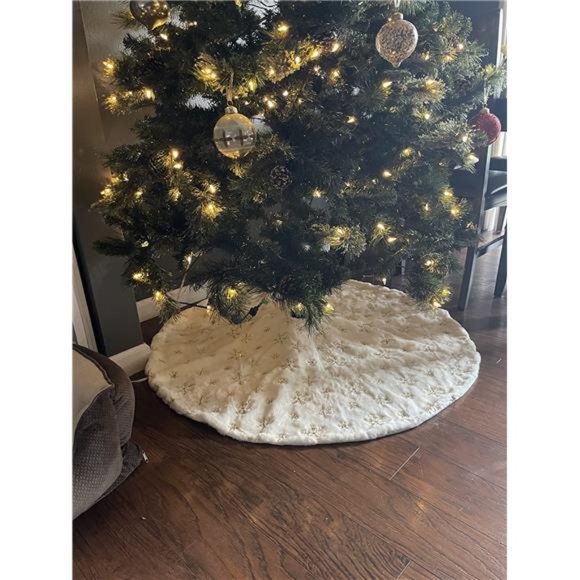 Christmas Tree Skirt, 48 inch Large White/Silver Luxury Faux Fur Tree Skirt